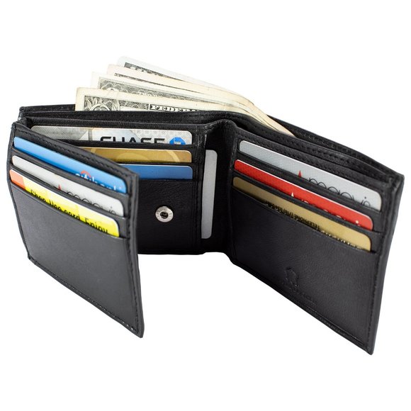 Leather Mens Wallet in Lambskin Leather, Black, Bifold Wallet - Picture 3 of 14